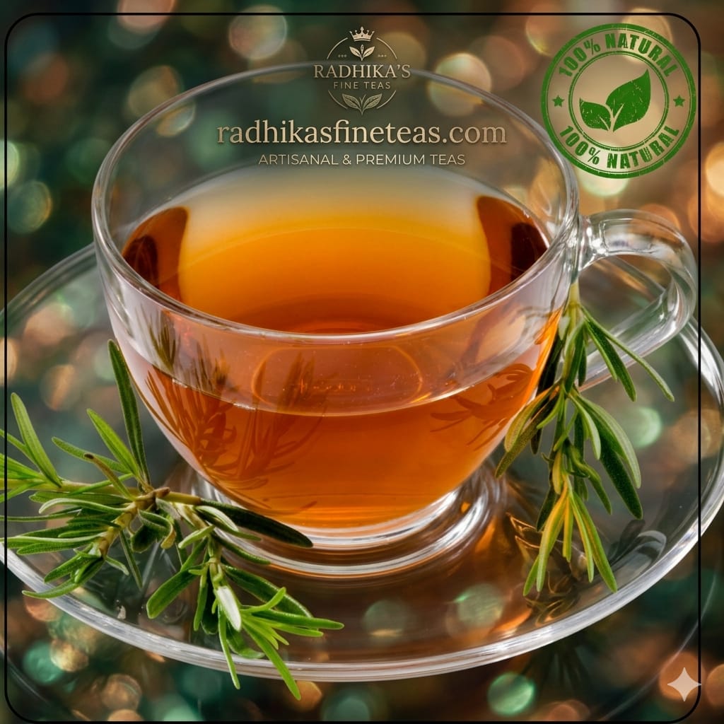 Glass cup of tea with green leaves on a blurred background, featuring Radhika's Fine Teas branding.