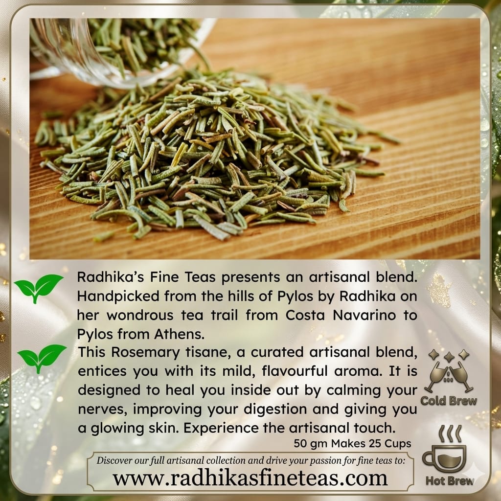 Dry rosemary tea leaves on a wooden board with product description text.