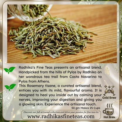 Dry rosemary tea leaves on a wooden board with product description text.