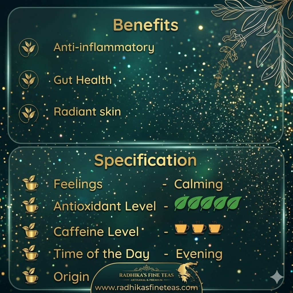 Tea benefits and specifications with decorative elements on a green background