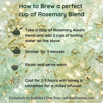 Instructions for brewing a perfect cup of Rosemary Blend tea with illustrations and text on a light green background.