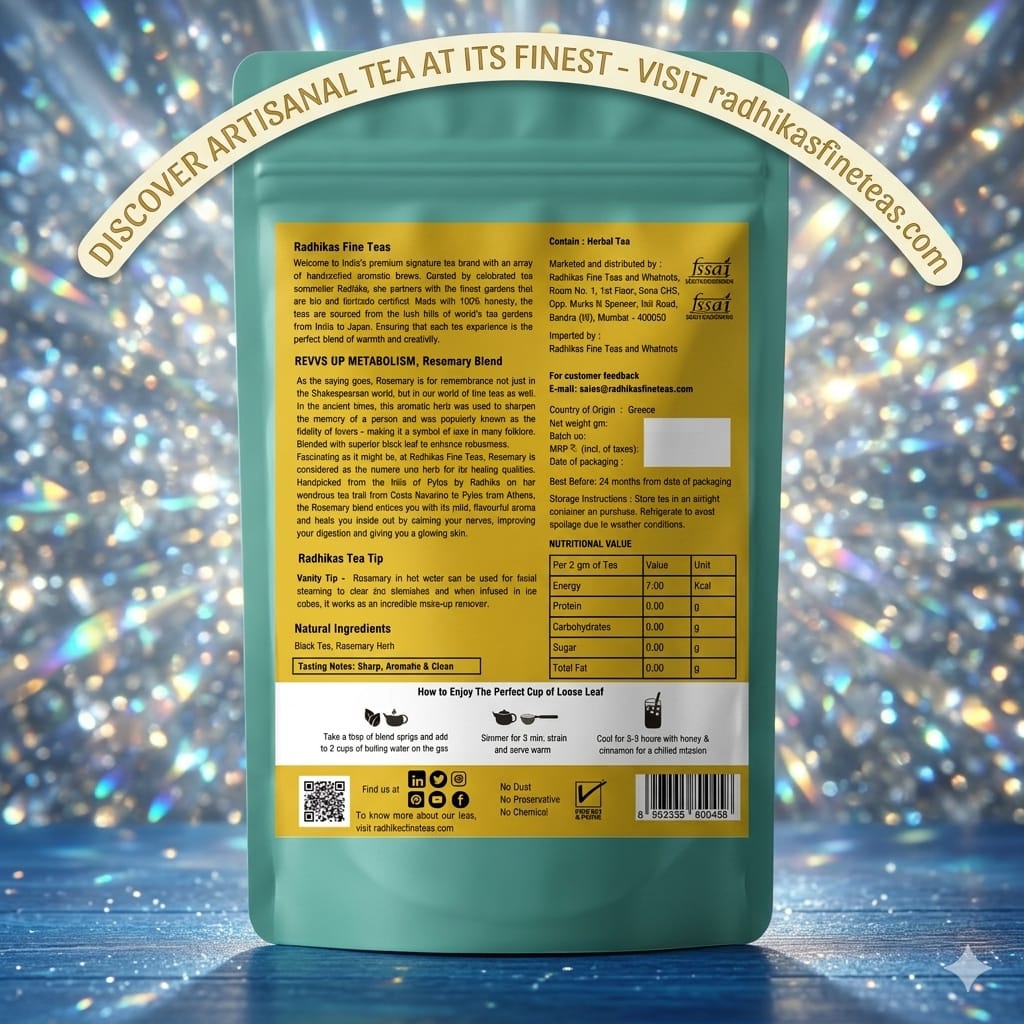 Tea packaging with a colorful, glittery background