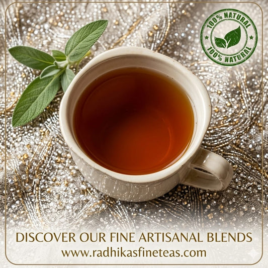 Tea cup with tea leaves on a decorative background, featuring Radhika's Fine Teas branding.