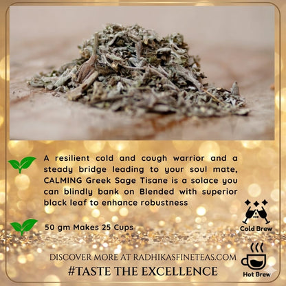 Heap of dried herbs on a wooden surface with text about Calming Greek Sage Tisane.