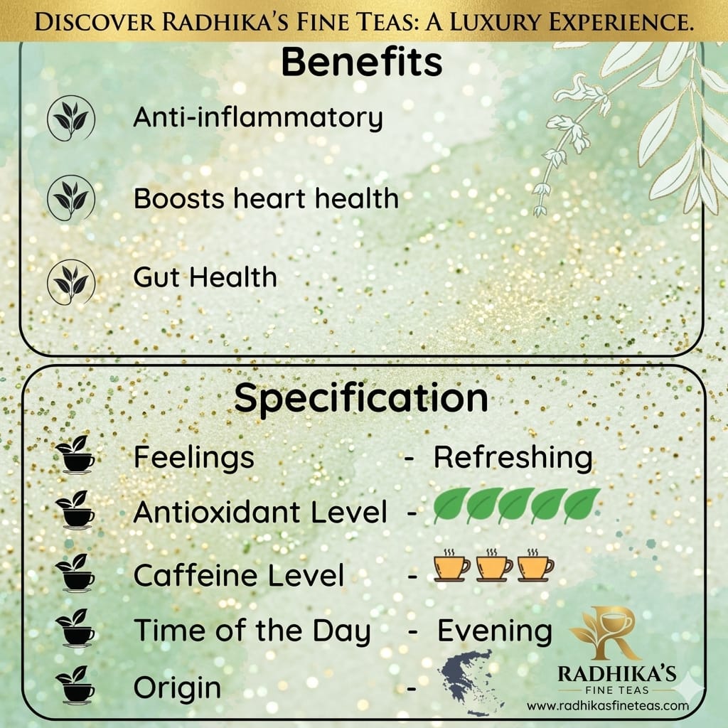 RADHIKA'S FINE TEAS promotional graphic with benefits and specifications on a decorative background.