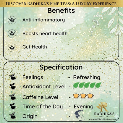 RADHIKA'S FINE TEAS promotional graphic with benefits and specifications on a decorative background.