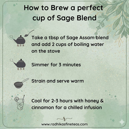 Instructions for brewing a perfect cup of Sage Blend tea with illustrations and text.