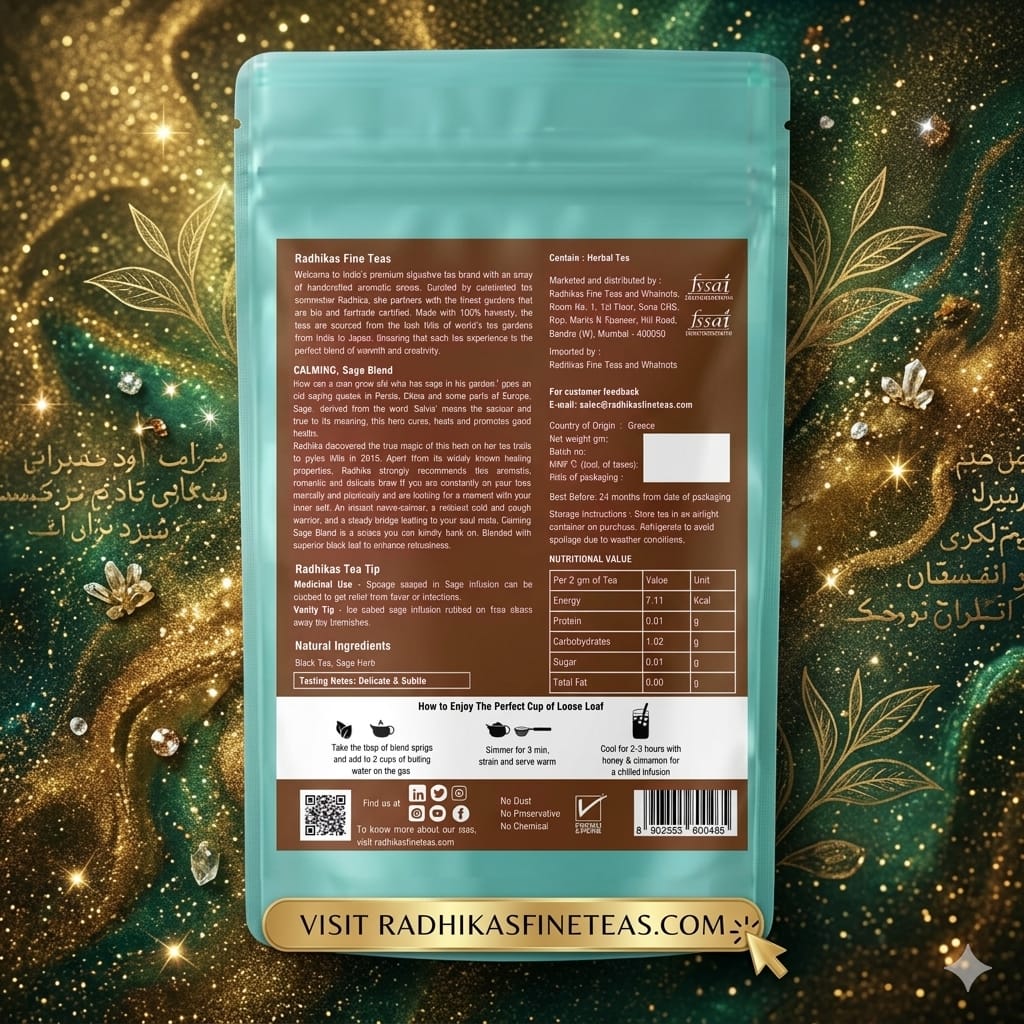 Tea package with a decorative gold and green background