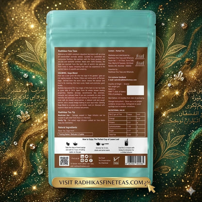Tea package with a decorative gold and green background