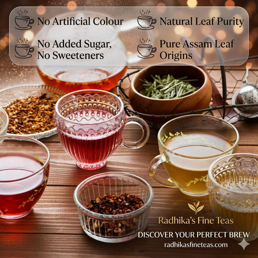 Assorted teas in cups and bowls on a wooden surface with Radhika's Fine Teas branding.