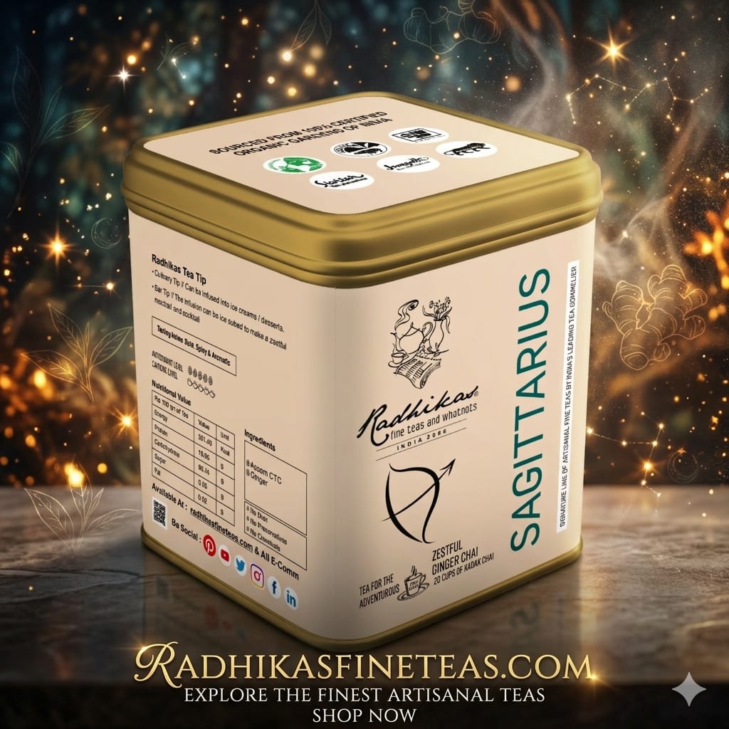 Tea canister labeled 'Sagittarius' with Radhika's Finest Teas branding on a mystical background.