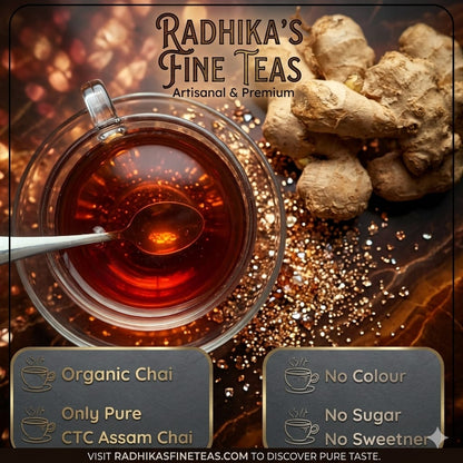 Tea cup with ginger root and text about Radhika's Fine Teas on a warm background