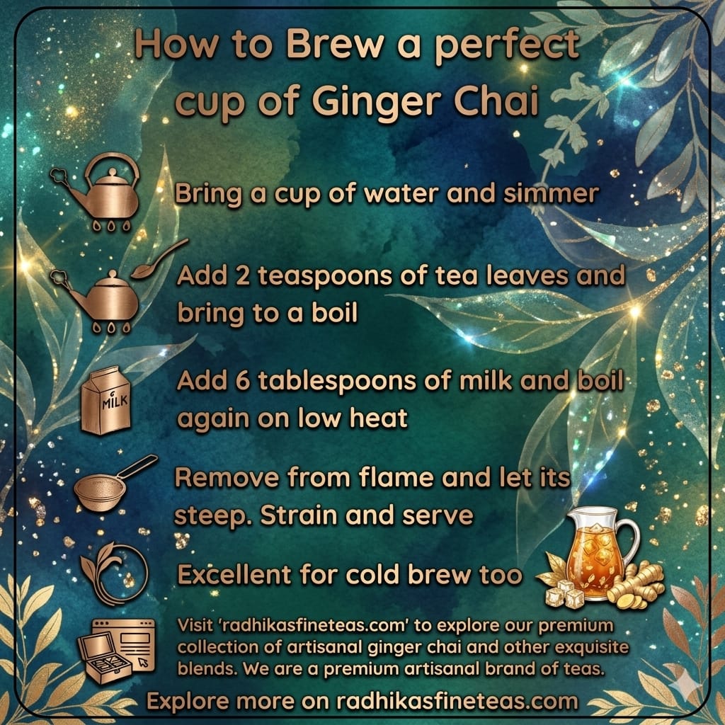 Instructions on how to brew a perfect cup of ginger chai with decorative elements and branding information.