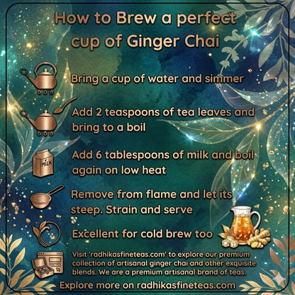 Instructions on how to brew a perfect cup of ginger chai with decorative elements and branding information.