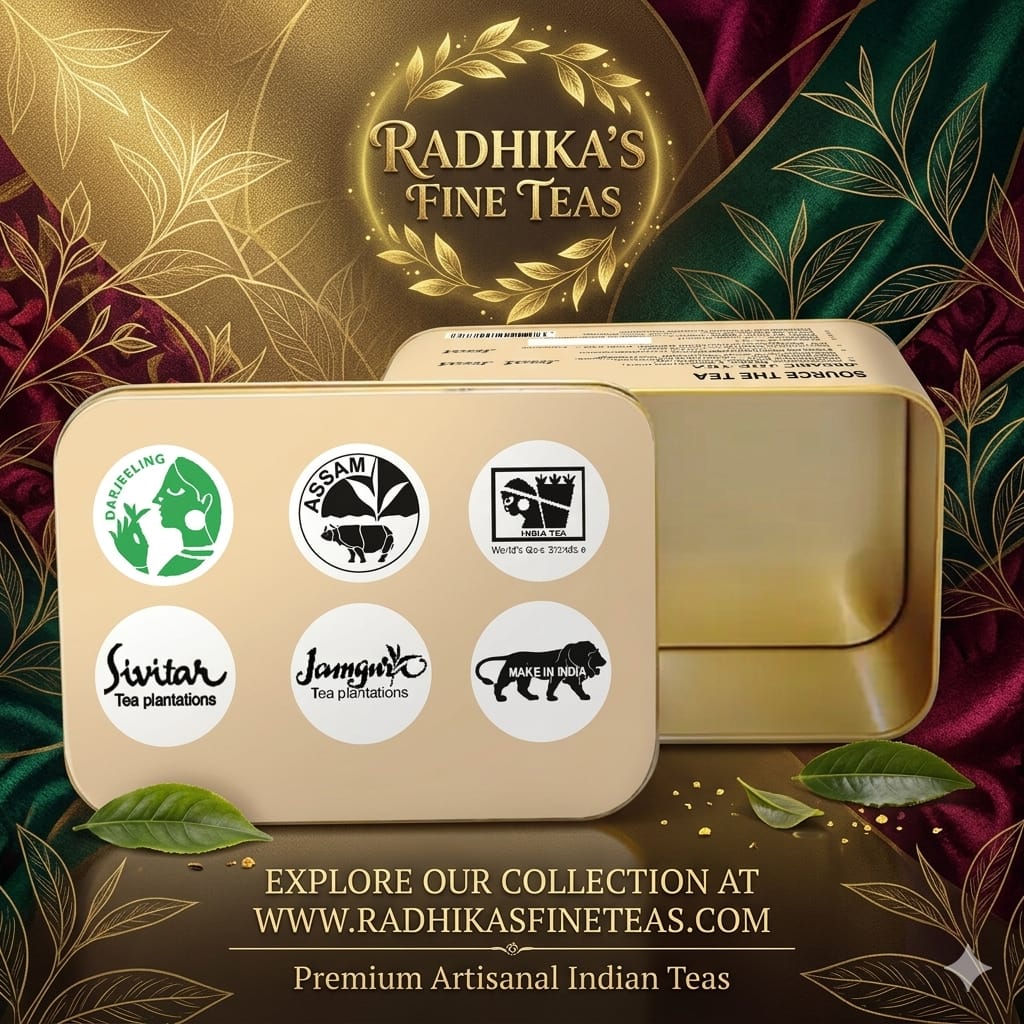 Gold tea tin with Radhika's Fine Teas branding and tea plantation logos on a decorative background.