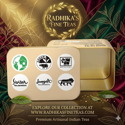 Gold tea tin with Radhika's Fine Teas branding and tea plantation logos on a decorative background.