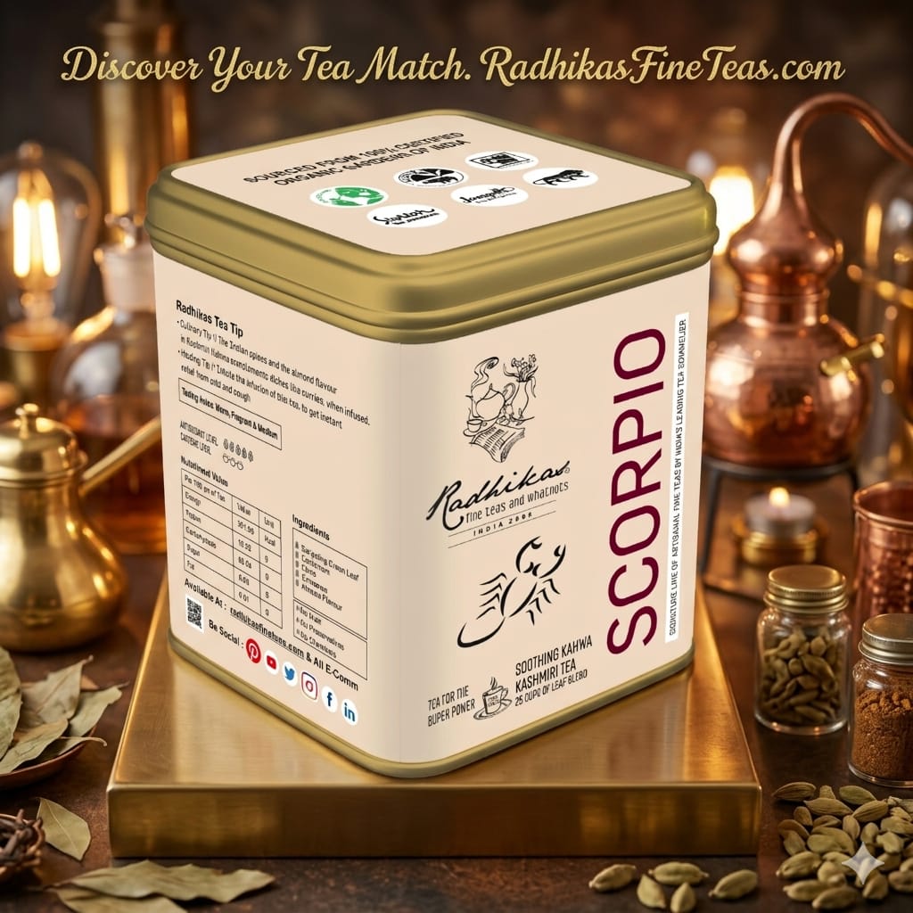 Tea canister labeled 'Scorpio' with branding and product details on a decorative background.