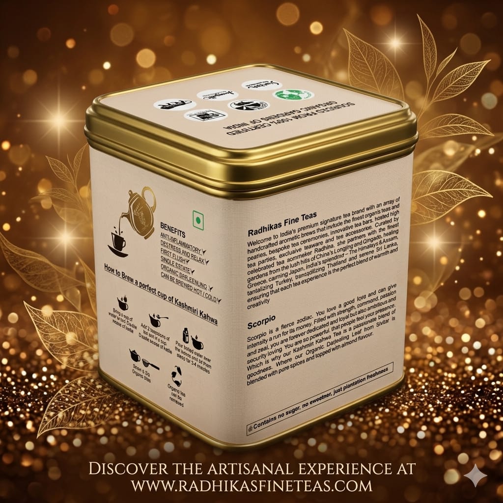 Tea tin with brand information on a decorative background