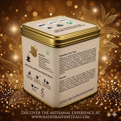 Tea tin with brand information on a decorative background