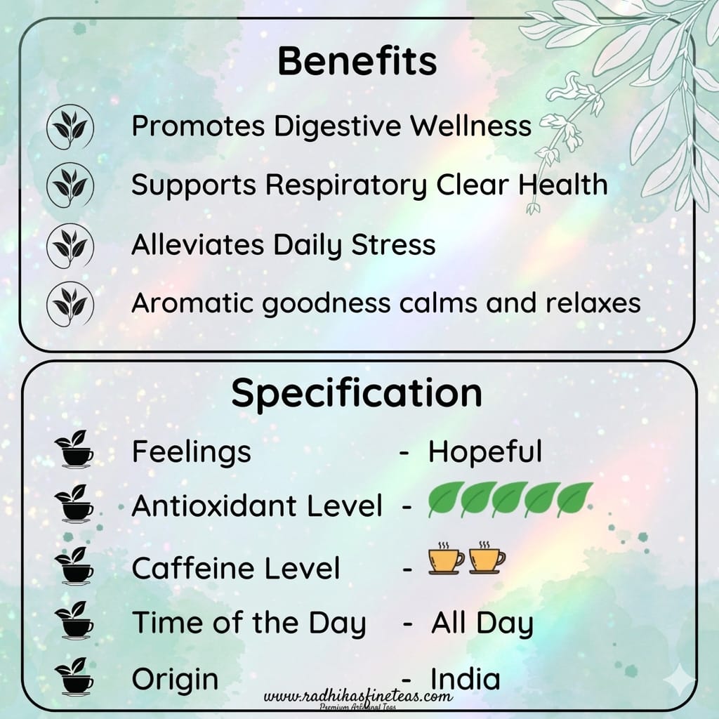 Product benefits and specifications card with a floral design on a light background