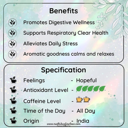 Product benefits and specifications card with a floral design on a light background