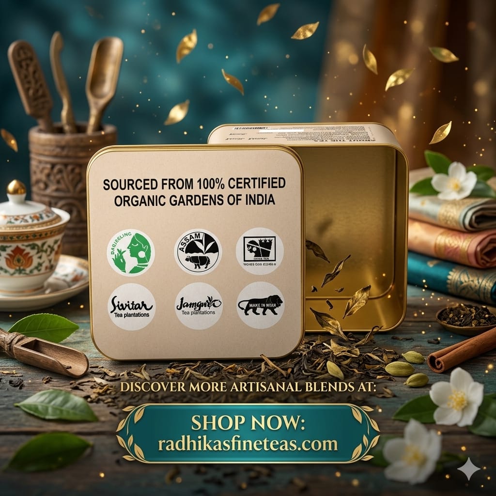 Tea packaging with certification logos and promotional text on a decorative background