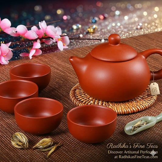 Red ceramic teapot and cups on a textured surface with flowers and blurred lights in the background.