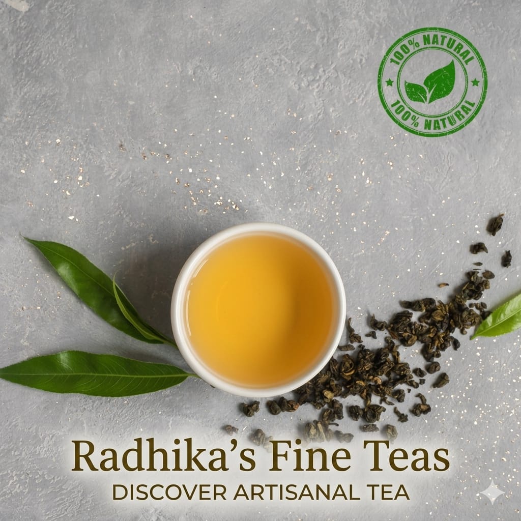 Tea cup with tea leaves and dried tea on a gray surface, featuring Radhika's Fine Teas branding.