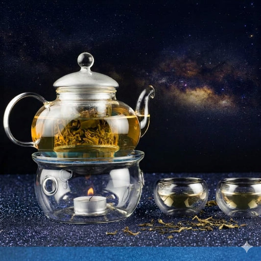 Glass teapot with tea and two small cups on a dark starry background