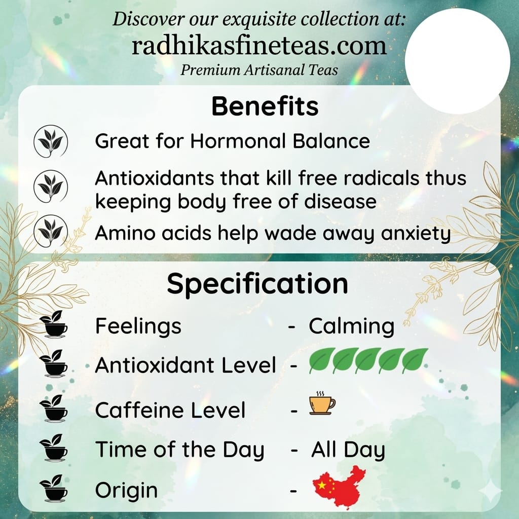 Tea product description with benefits and specifications on a decorative background