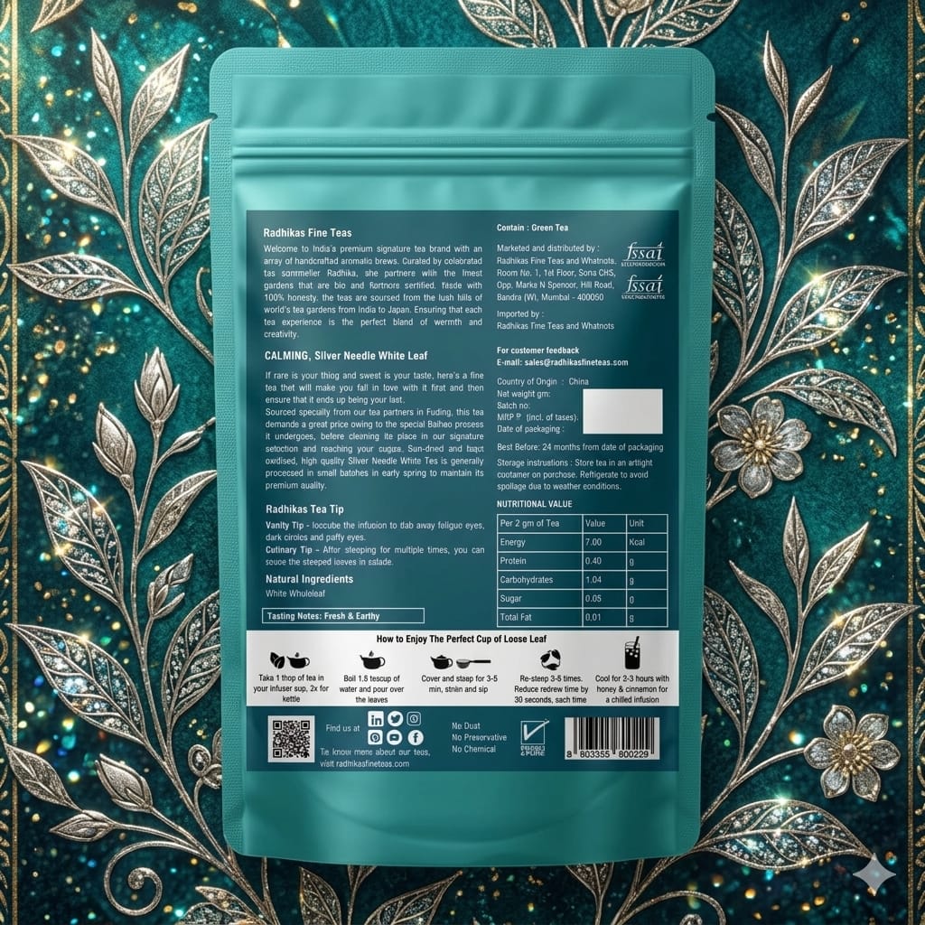 Tea package with nutritional information on a decorative background