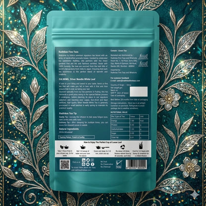 Tea package with nutritional information on a decorative background