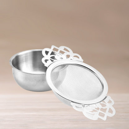 Stainless Steel Tea Strainer with Holder - Traditional and Practical - Radhikas Fine Teas and Whatnots