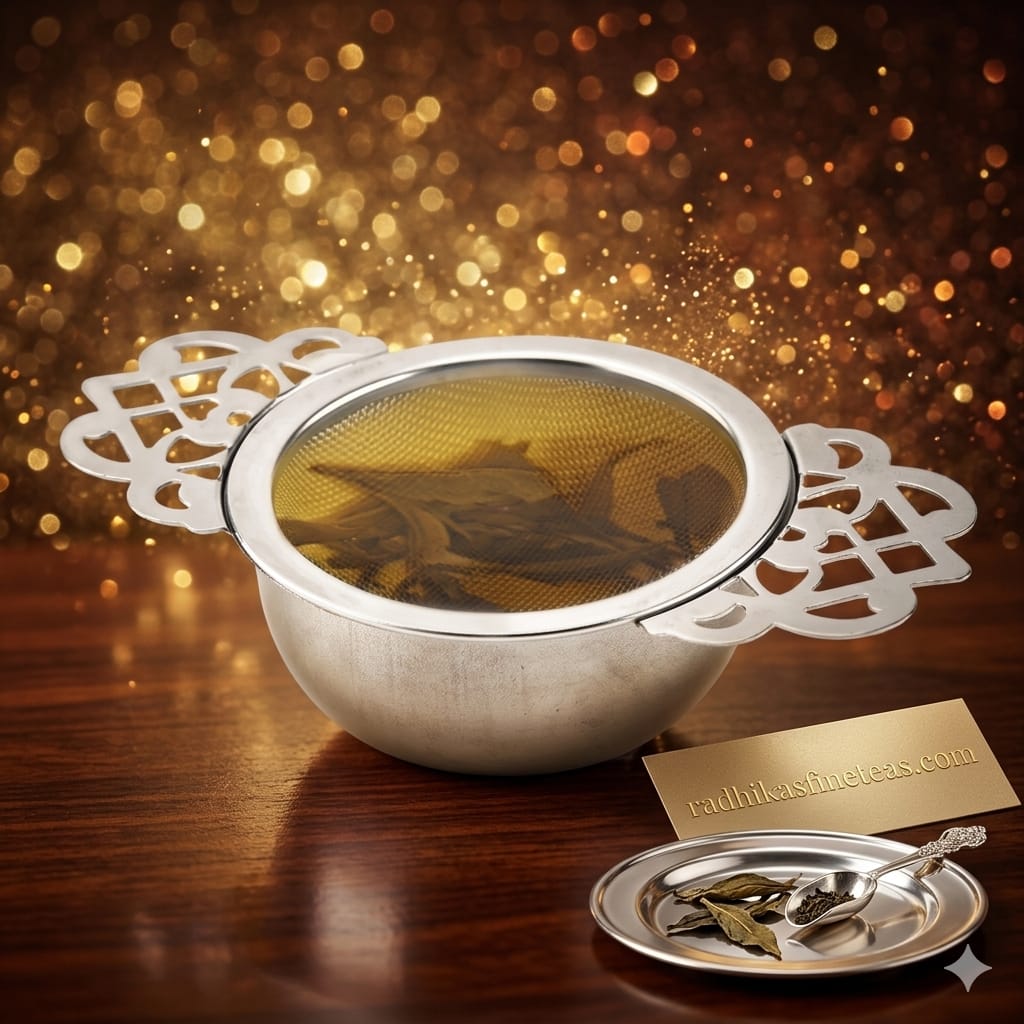 Tea strainer with tea leaves on a wooden surface and blurred golden lights background