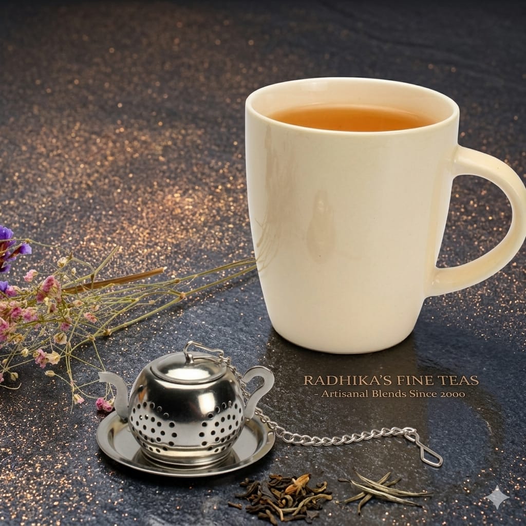 White mug with tea, silver tea infuser, and dried herbs on a dark surface with 'Radhika's Fine Teas' branding.