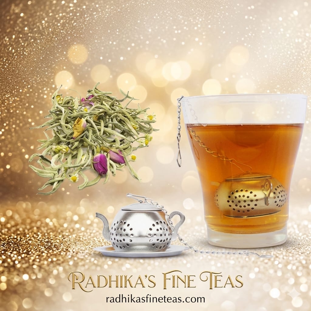 Glass of tea with a tea ball, loose tea leaves, and teapot on a glittery background with 'Radhika's Fine Teas' branding.