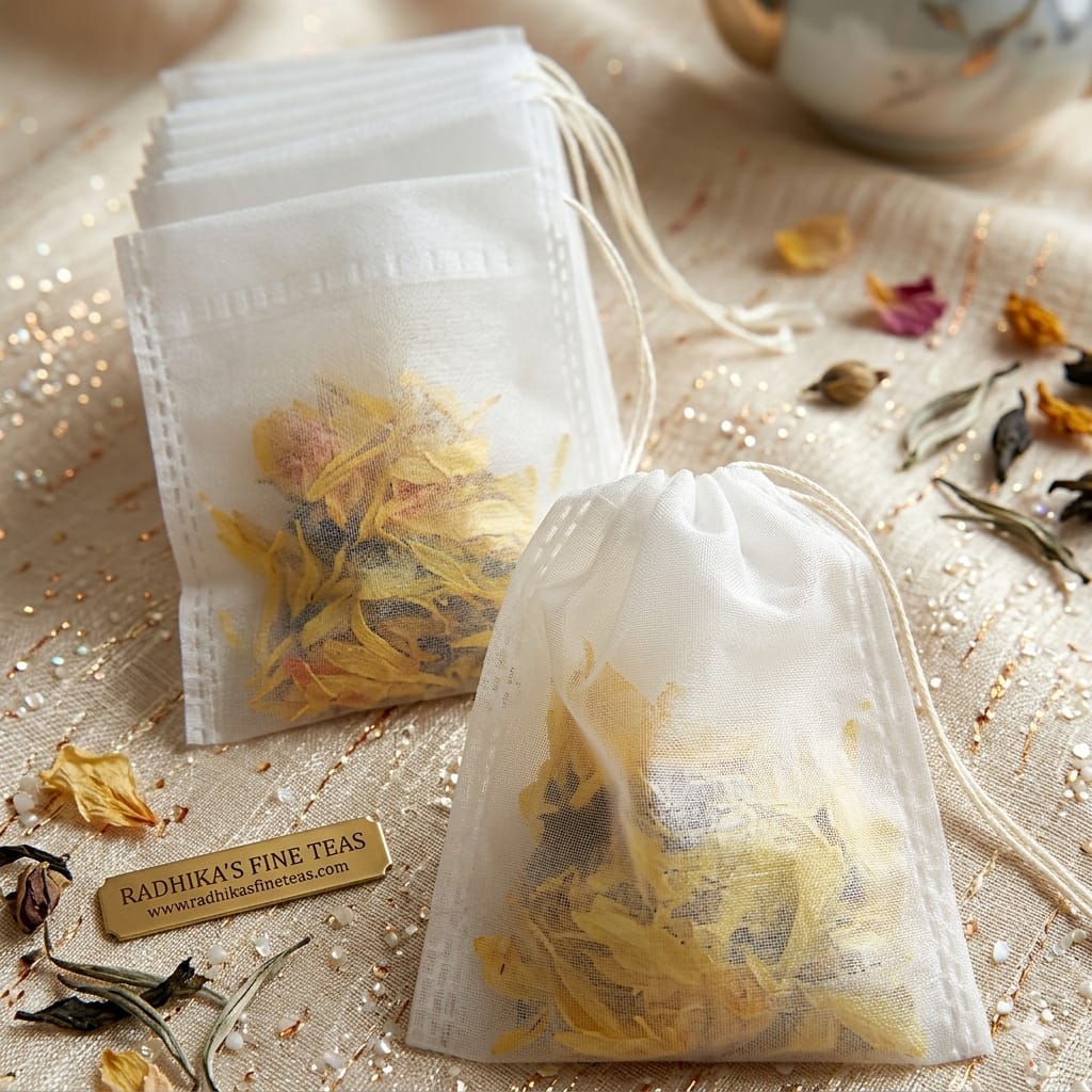 Tea bags with dried herbs on a textured surface with 'Radhika's Fine Teas' branding.