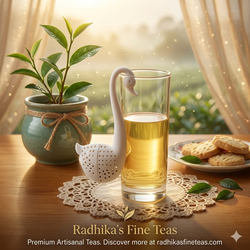 Tea glass with a swan design, teapot, cookies, and plant on a table with a scenic background.