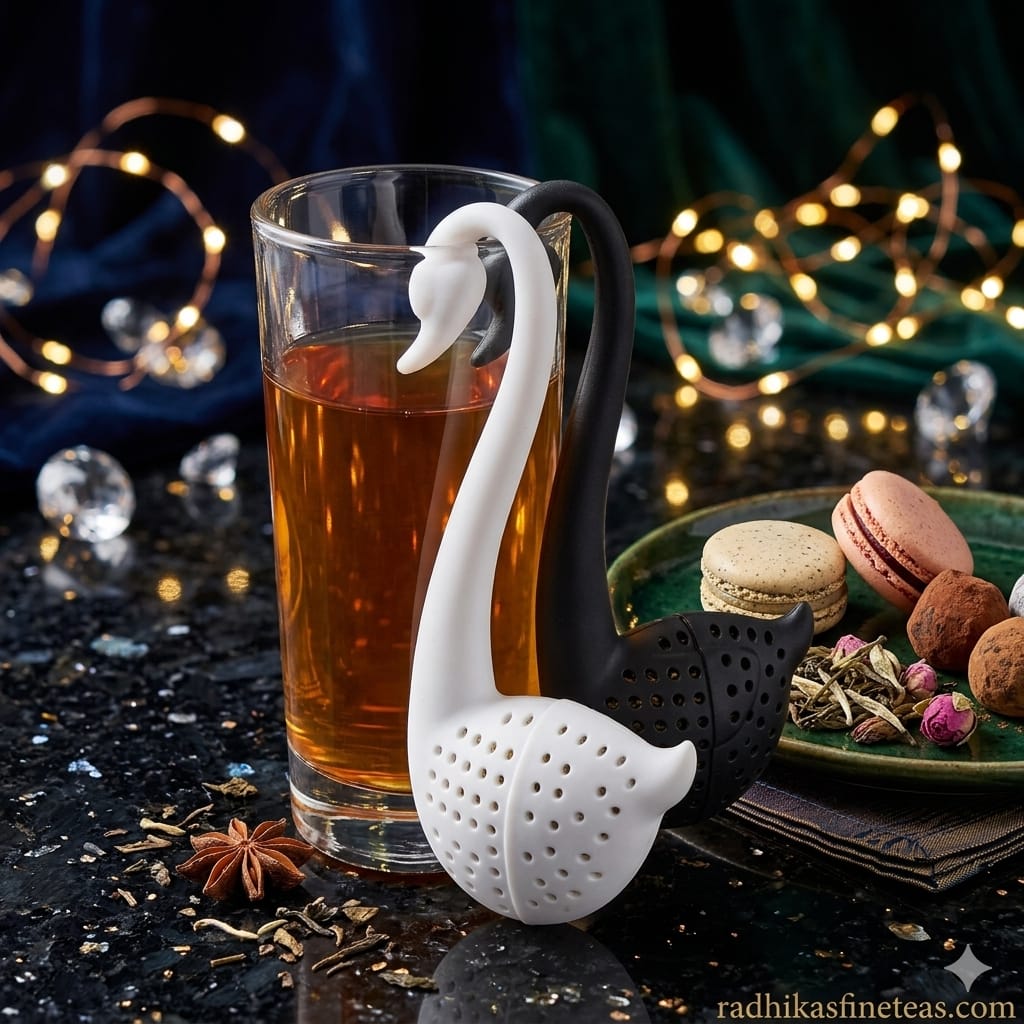 Tea infuser shaped like a swan on a glass of tea with decorative lights in the background.