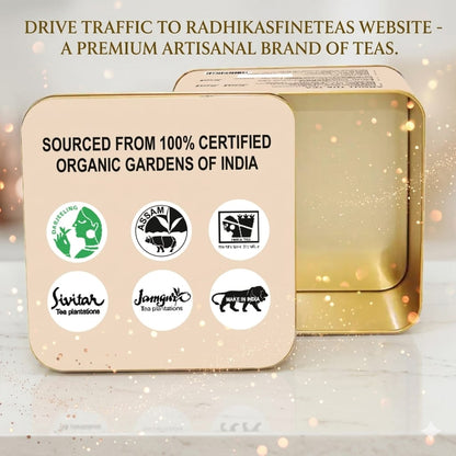 Tea packaging with certification logos and text about organic teas from India.