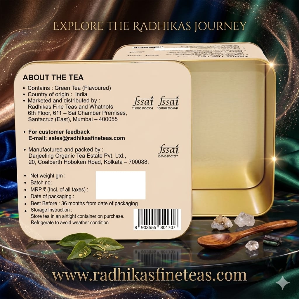 Gold tea box with Radhika's Finest Teas branding and product details on a decorative background.