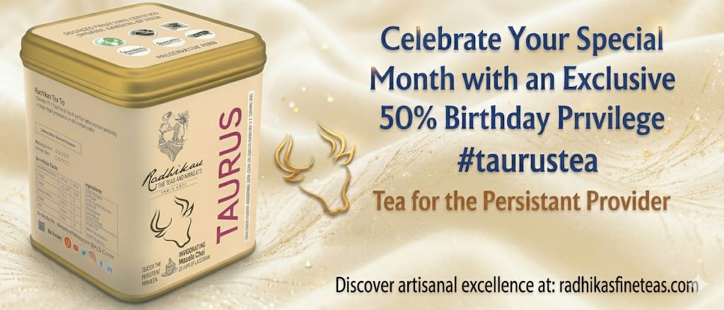Tea canister with promotional text for Taurus tea on a beige background