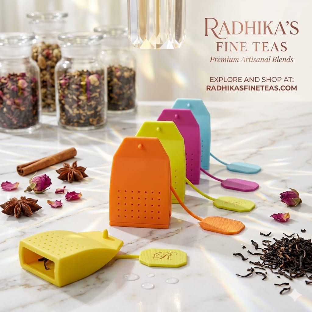 Colorful tea infusers on a marble surface with tea leaves and spices, promoting Radhika's Fine Teas.