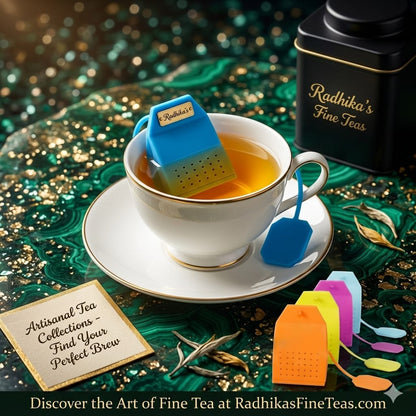Tea cup with Radhika's Fine Teas tea bags on a decorative background