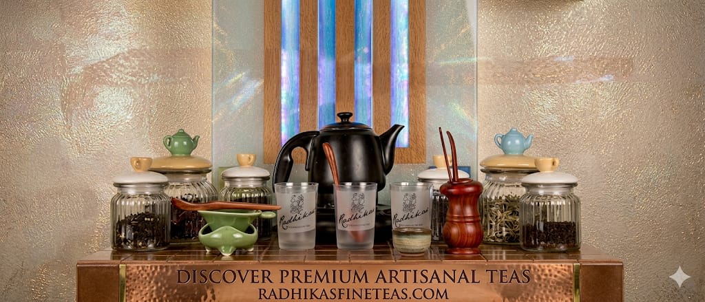 Tea-making setup with teapot, cups, and tea leaves on a wooden surface.