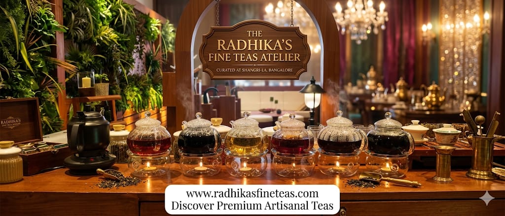 Tea display with 'The Radhika's Fine Teas Atelier' sign in a decorative interior setting.