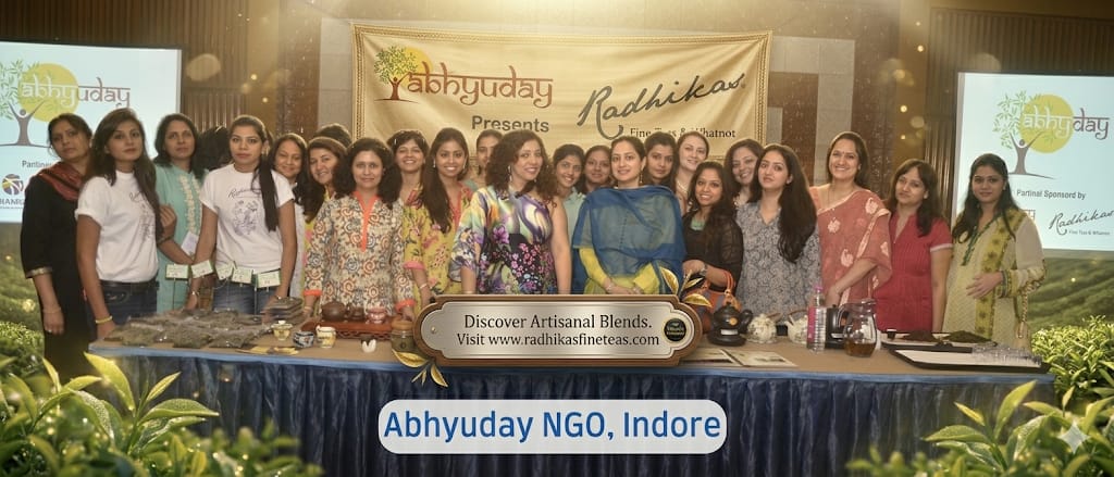 Group of women standing behind a table with a banner and logo in the background