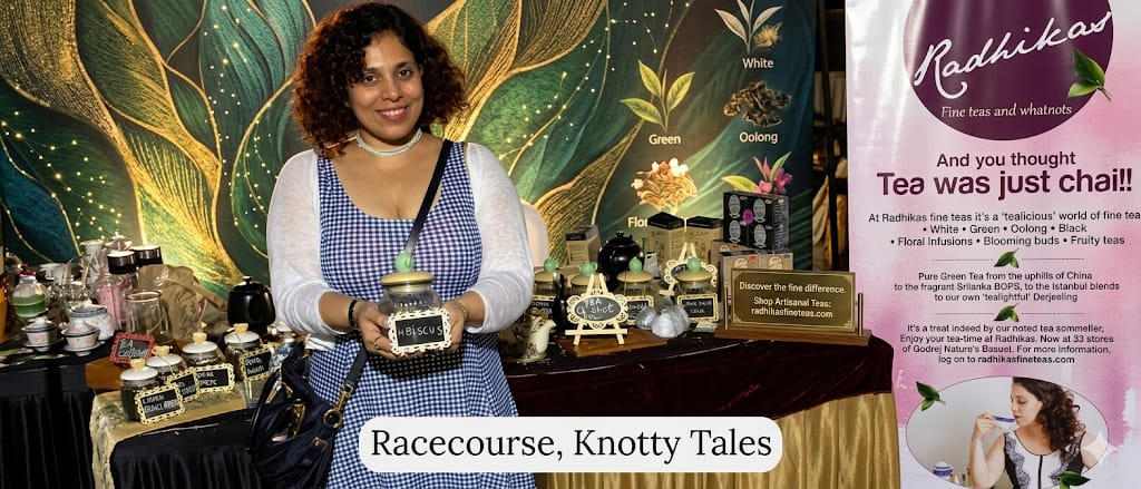 Woman holding a tea pot with a decorative background and 'Racecourse, Knotty Tales' text.
