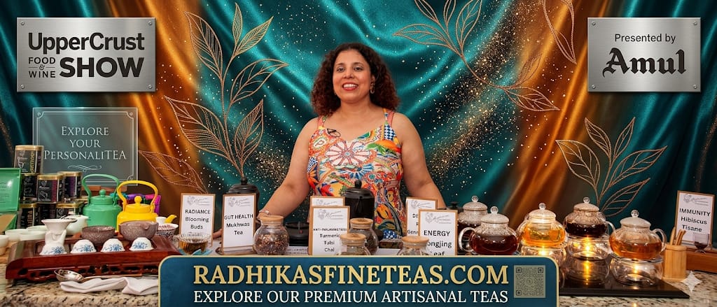 Woman standing behind a tea display with 'UpperCrust Wine Show' and 'Amul' branding.
