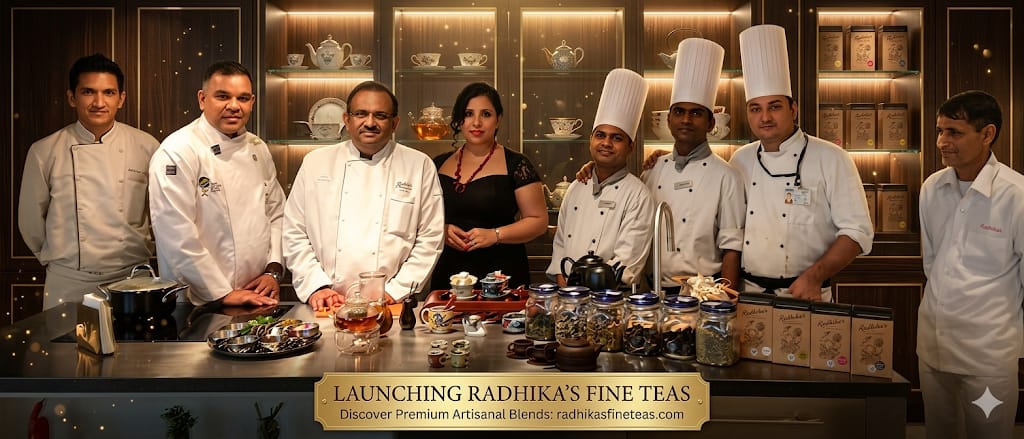 Group of chefs and a woman standing behind a counter with tea products, promoting Radhika's Fine Teas.